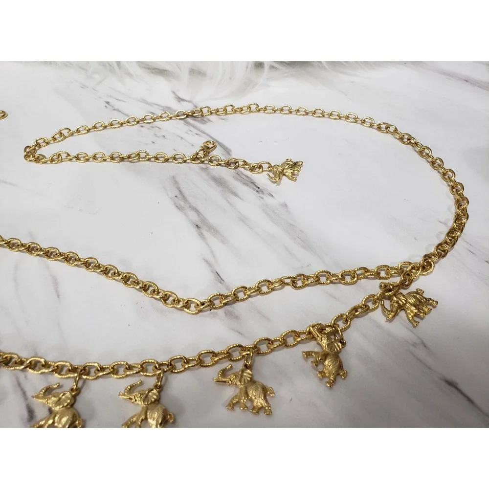 VINTAGE 80s Elephant Safari Gold Tone Chain Link Waist Belt HIPPIE FESTIVAL BOHO